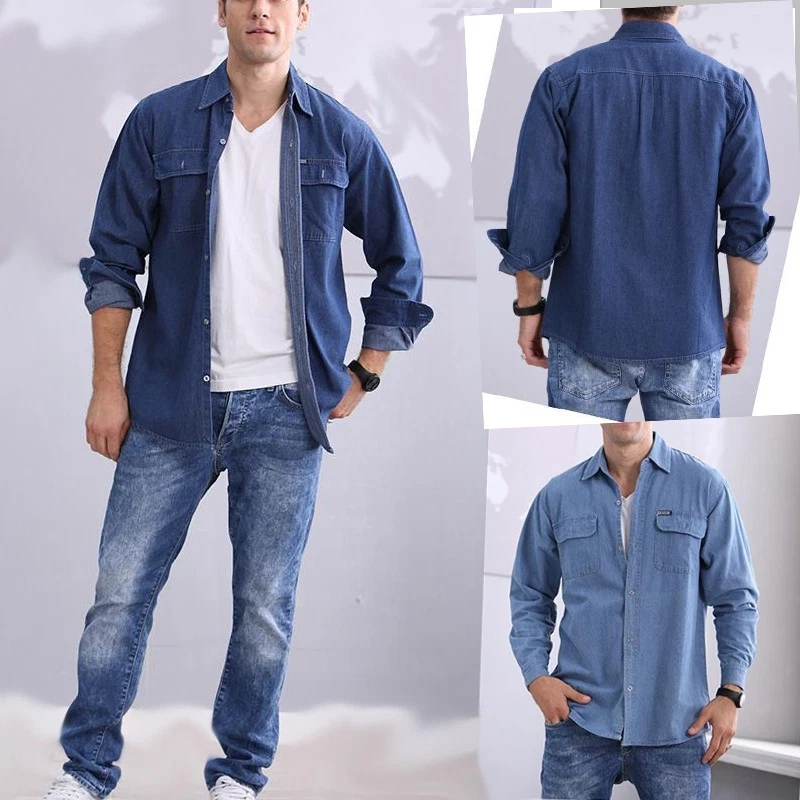 Mens Denim Casual Shirts Long Sleeve Loose Jacket Jeans Shirts Coats 2 Colors Sz