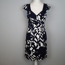 Adrianna Papell Women's Floral Dress Navy Blue White Sz 4 cotton cap sleeve  w