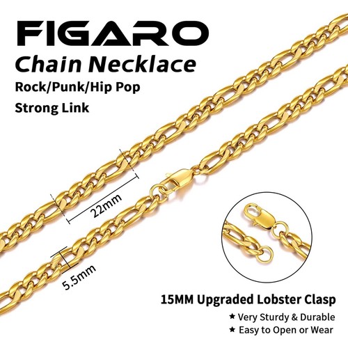 Figaro Chain Diamond Cut Necklace 5.5mm 18K Gold Plated 316L Stainless Steel 20” - Picture 2 of 8