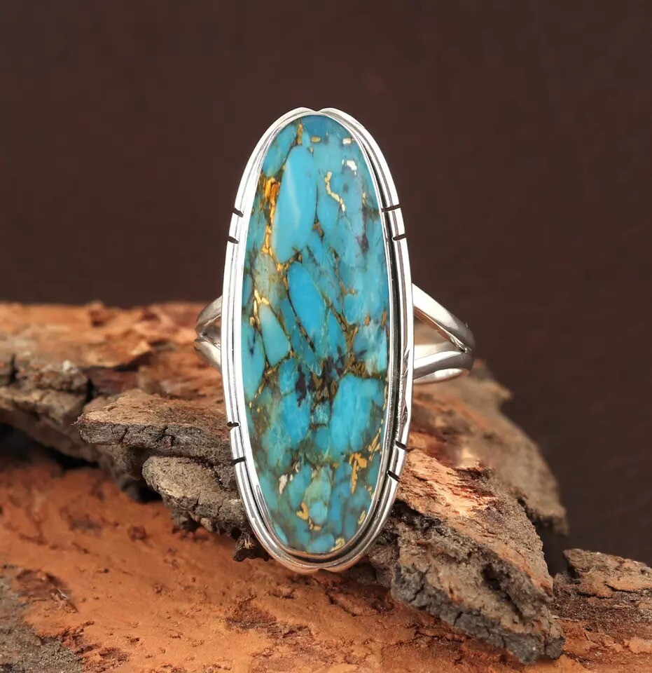 925 Sterling Silver Ring Natural Blue Copper Turquoise Gemstone