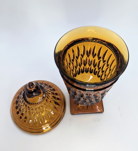 Vintage 10" Indiana Glass Candy Dish Pedestal Lidded Compote Amber Diamond Point - Picture 4 of 4