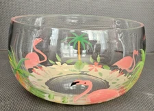 Home Essentials Pink Flamingo Palm Hand Painted Glass Serving Bowl 8.5" FREESHIP