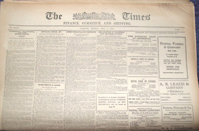 Original The Times Zeitung Finance & Shipping Section 1. Mai 1914 Pre WWI