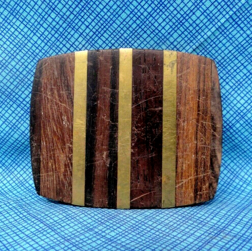 Exotic Wood Brass Inlay Dress Belt Buckle Iconic 70s Vintage .DBD472