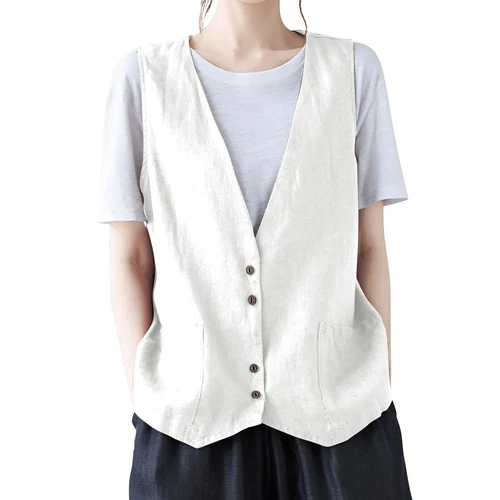 Mujeres Algodón Lino Sin Mangas Chaleco Abrigo Damas Botones Chaleco Informal Camiseta sin Mangas - Imagen 26 de 45