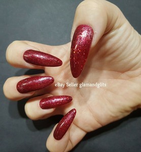 24 Hand Painted Gel False Nails Dark Red Glitter Coffin Stiletto Square Oval Ebay