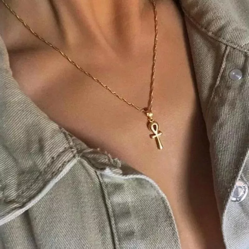Egyptian Ankh Cross Pendant Necklace Woman Girls Gold Silver African Charms
