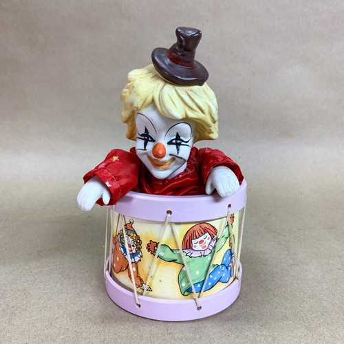Wind Up Moving Clown Music Box Vintage Porcelain Dancing Clown in Drum Works