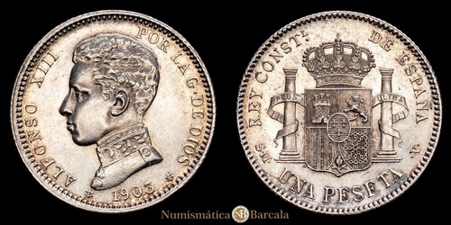 Alfonso XIII 1 Peseta 4,93 1903 *19-03* Madrid Ensayador SM.V Aureo y Calicó -