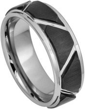 8mm Tungsten Carbide Two-Tone Grooved Brushed Black IP Plated Wedding Band Ring