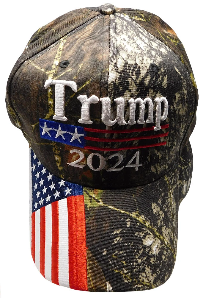 Trump 2024 Real Tree Camouflage Camo USA Flag Bill Embroidered Acrylic Hat Cap