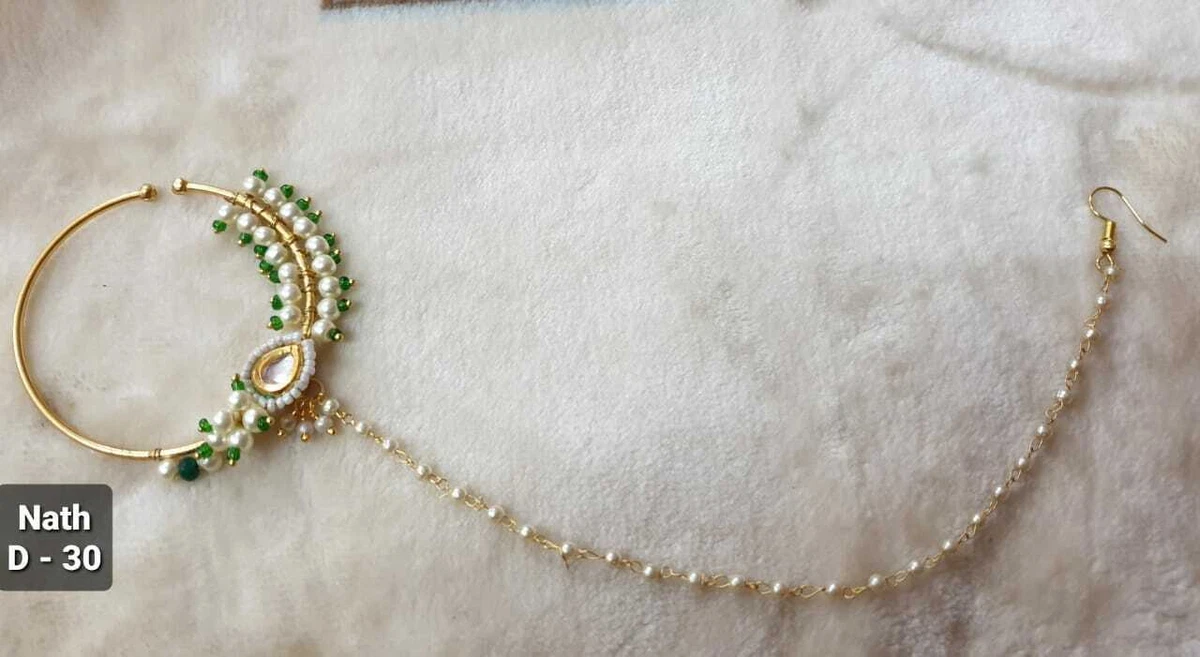 Kundan Nose Ring Traditional Indian Nath Non Piercing Ring With
