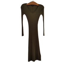 Quince Women Women's Cotton Cashmere Ribbed Long Sleeve V-neck Dress Green S