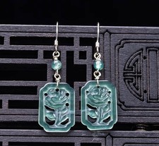 Certified natural A-grade jadeite Blue water Hollow carved rose earrings