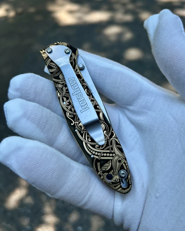 Cuchillo de puerro Kershaw personalizado | Diseño celta nórdico de latón grabado | Hecho en EE. UU. Foto 3 de 4
