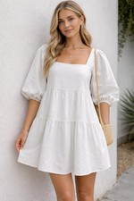 White Puff Sleeve Tiered Babydoll Mini Dress | Cottagecore Summer - Size 8