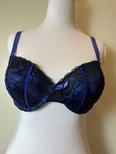 Fredericks of Hollywood Blue Satin Black Lace Overlay Bra 34D Valentines Romance
