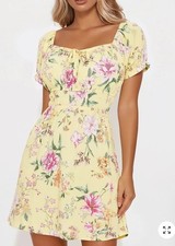 Fashion Nova Butter Yellow Floral Sun Mini Dress M Rayon Weekend Casual Festival