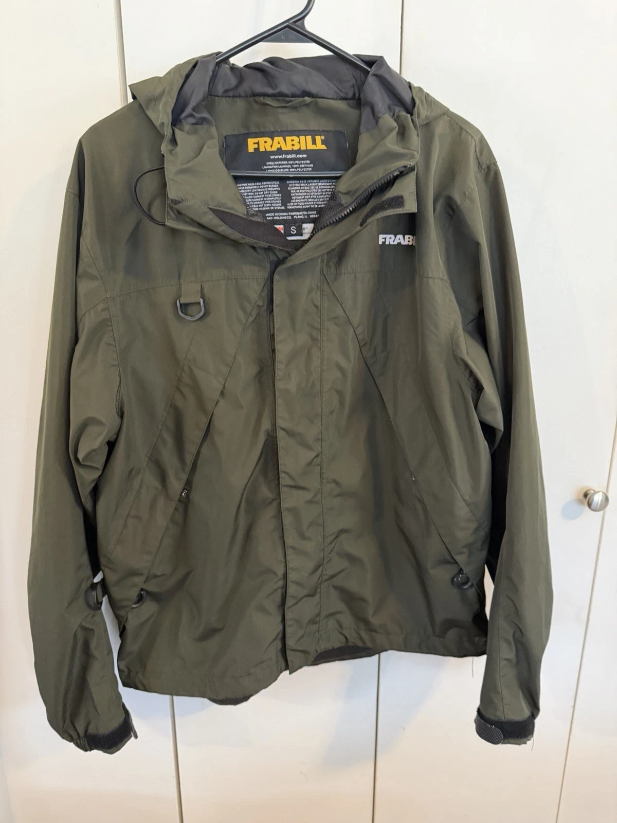 Frabill Rainsuit Fishing Jacket Mens Small Green Hooded Reflective 3M Fullzip
