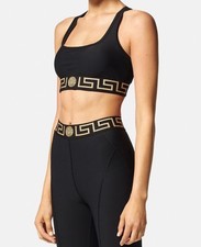 Versace Greca Border Cropped Gym Black Sport Bra L Made in Italy 1004104 NWT