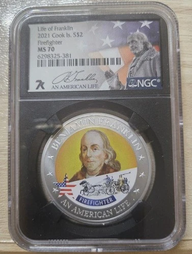 Cook Islands 2021- $2 Benjamin Franklin Firefighter- NGC MS 70 .5 oz Silver Coin
