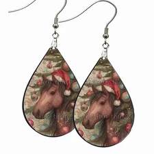 Christmas Santa Hat Horse Earrings Teardrop Wood Holiday Fashion Jewelry & Gifts