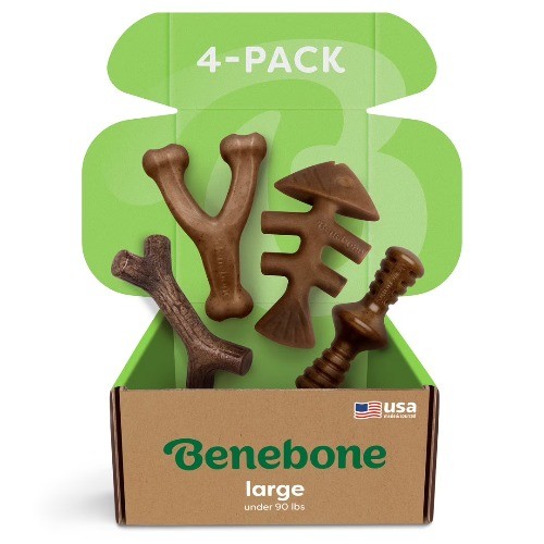 Benebone Large 4-Pack Dog Chew Toys for Aggressive Chewers, 90lbs and Under