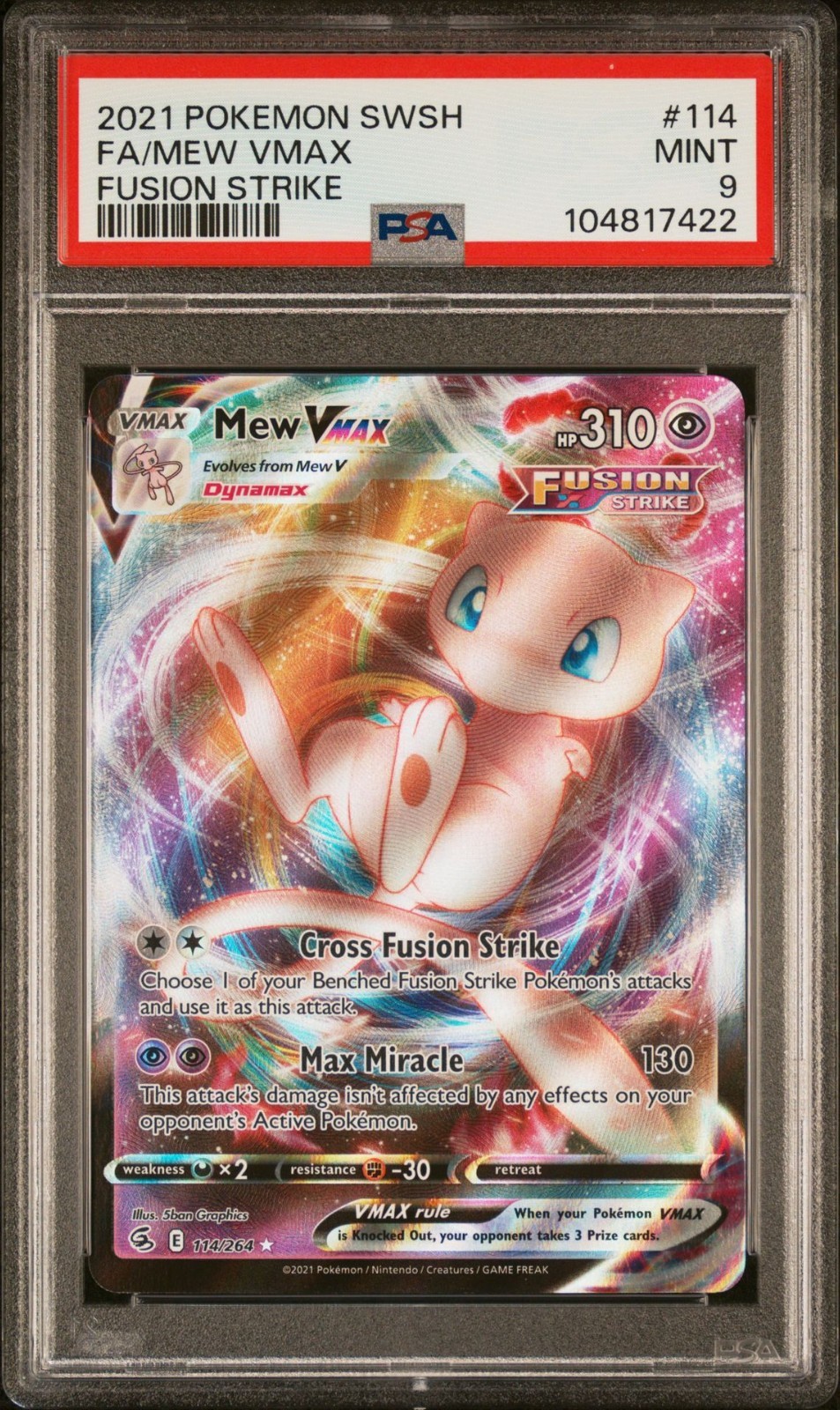 PSA Graded Mint 9 Mew VMAX 114/264 Pokémon Swsh08: Fusion Strike Holo