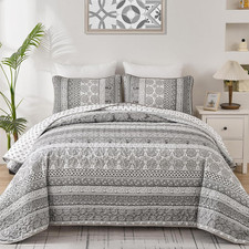 Boho Quilt Set King Size, Gray Bohemian 3 Pieces Quilt Sets, Grey Lightweight Be