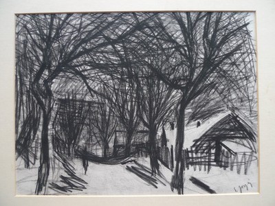 Ewald Jorzig 1905-1983 Winterlandschaft mit Häusern - Kohlezeichnung