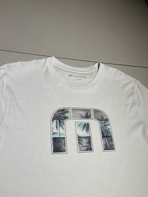 Travis Mathew Shirt Men s Large White Blue Reef Life  Golf Casual T Pima Cotton