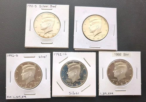 Silver Proof Kennedy Half Dollar 5 Coin Lot 90% Silver Proof - 1992