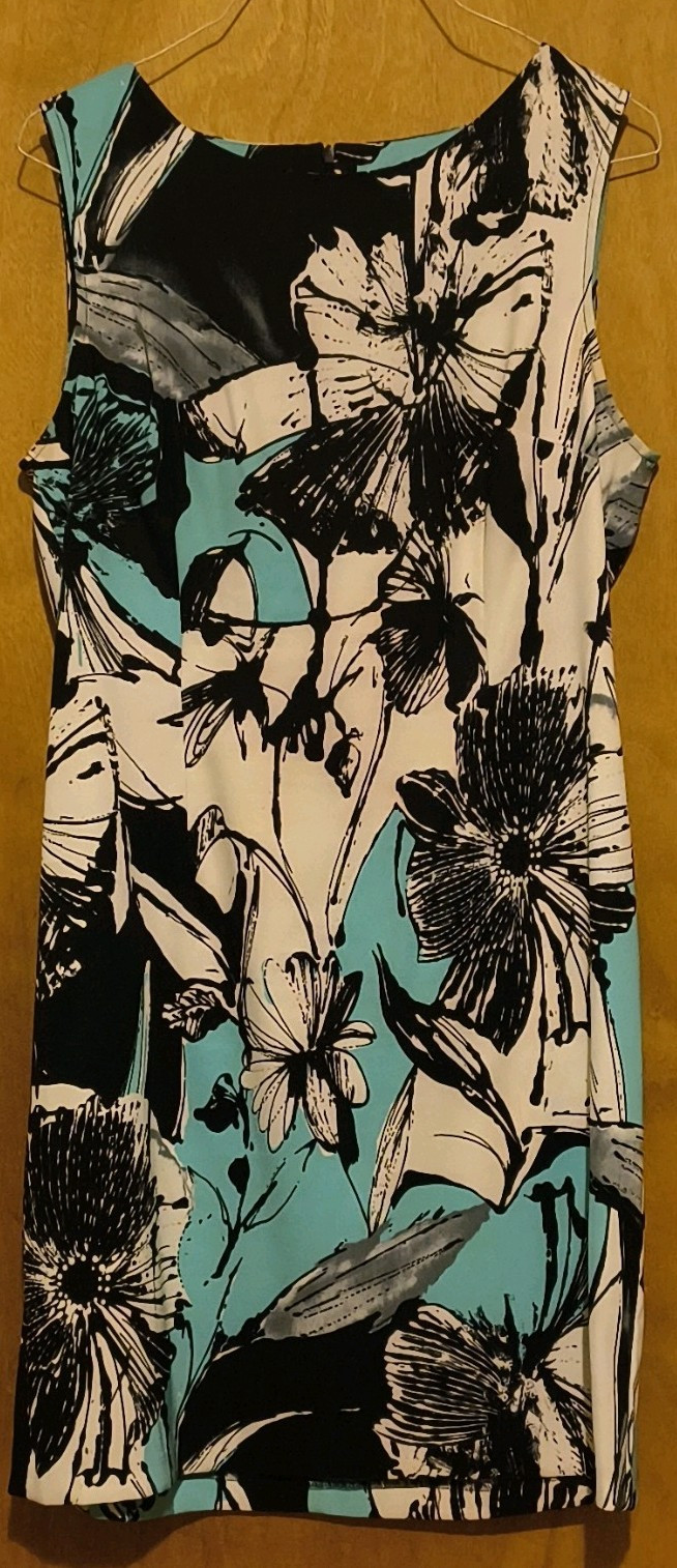 Connected Apparel Black White Teal Floral Sheath Round Neck Knee Zip 16