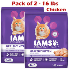 Iams ProActive Health Chicken Dry Kitten Food 16 lb Bags 2 Pack Healthy Growth 2.03 per pound