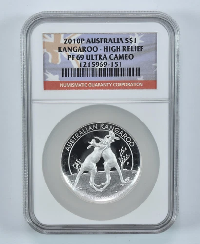 2010 P Australia Silver Dollar Kangaroo High Relief PF69 UCAM NGC Flag Label