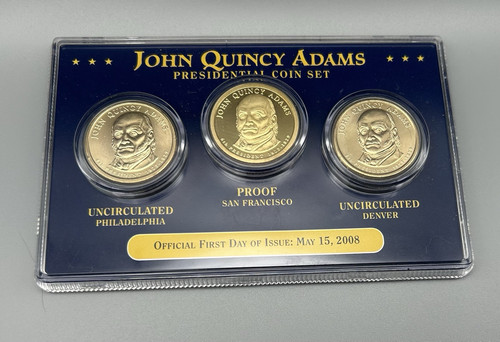 2008 John Quincy Adams Presidential Gold Dollar, 3 Coin PDS, 1st Day of Issue