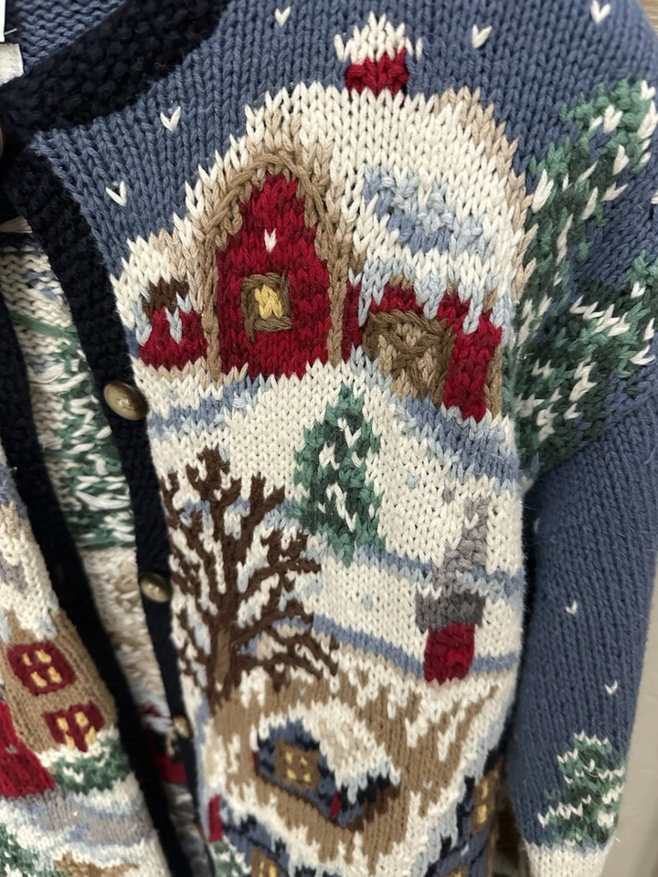 Talbots Hand Knit Sweater Women’s Cardigan Vintage S Small Snow Woods Scene - Image 3 of 4