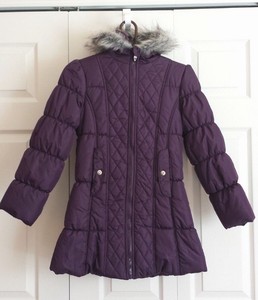 purple puffer jacket with fur hood