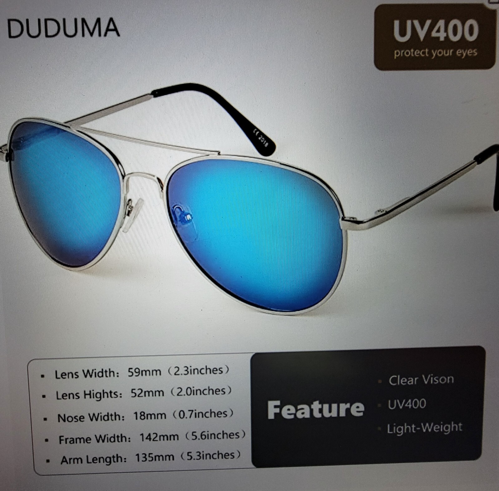 2 Duduma Polarized Full Mirrored Aviator UV400 Sunglasses Unisex Silver