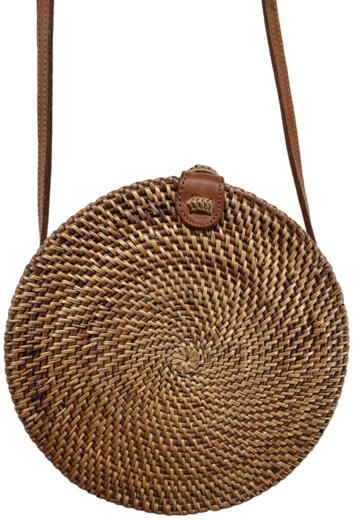 Street Level Purse Round Brown Wicker Canteen-Style Rattan Boho Beachy Casual