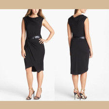 NWT Vera Wang Faux-Leather Inset Drape Jersey Dress in Black [SZ 4 ] #657