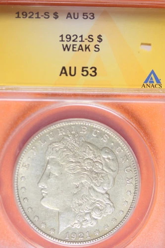1921 S- ANACS AU53 WEAK S MORGAN SILVER DOLLAR #B41914