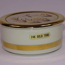 The Art Of Chokin White And Gold Trinket Box 24k Gold Edged Floral w/Bird Pretty