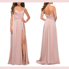 NEW 378 La Femme 8 Prom Crisscross Bodice High Slit Gown Mauve Pink G1082