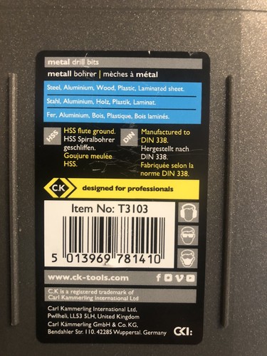CK Tools T3103 HSS Split Point Drill Bit Set 19 piece in carry case brand new s - Picture 2 of 5