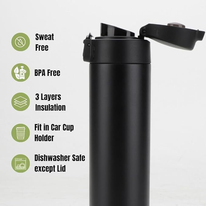 Thermos, Insulated Water Bottle, Ozizo 18 oz Stainless Steel one touch Bottle
