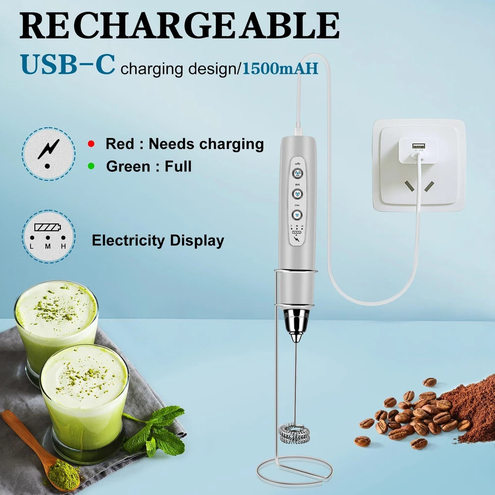 Milk Frother Handheld with Stand, Electric Whisk 3 Speed Adjustable, Drink Mi...