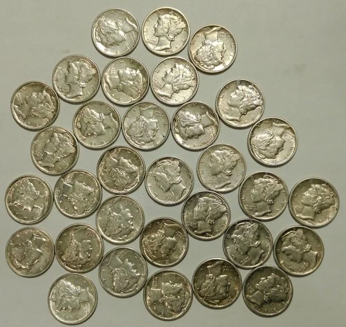 Lot of 32 AU/BU Mercury Winged Liberty 90% Silver Dimes