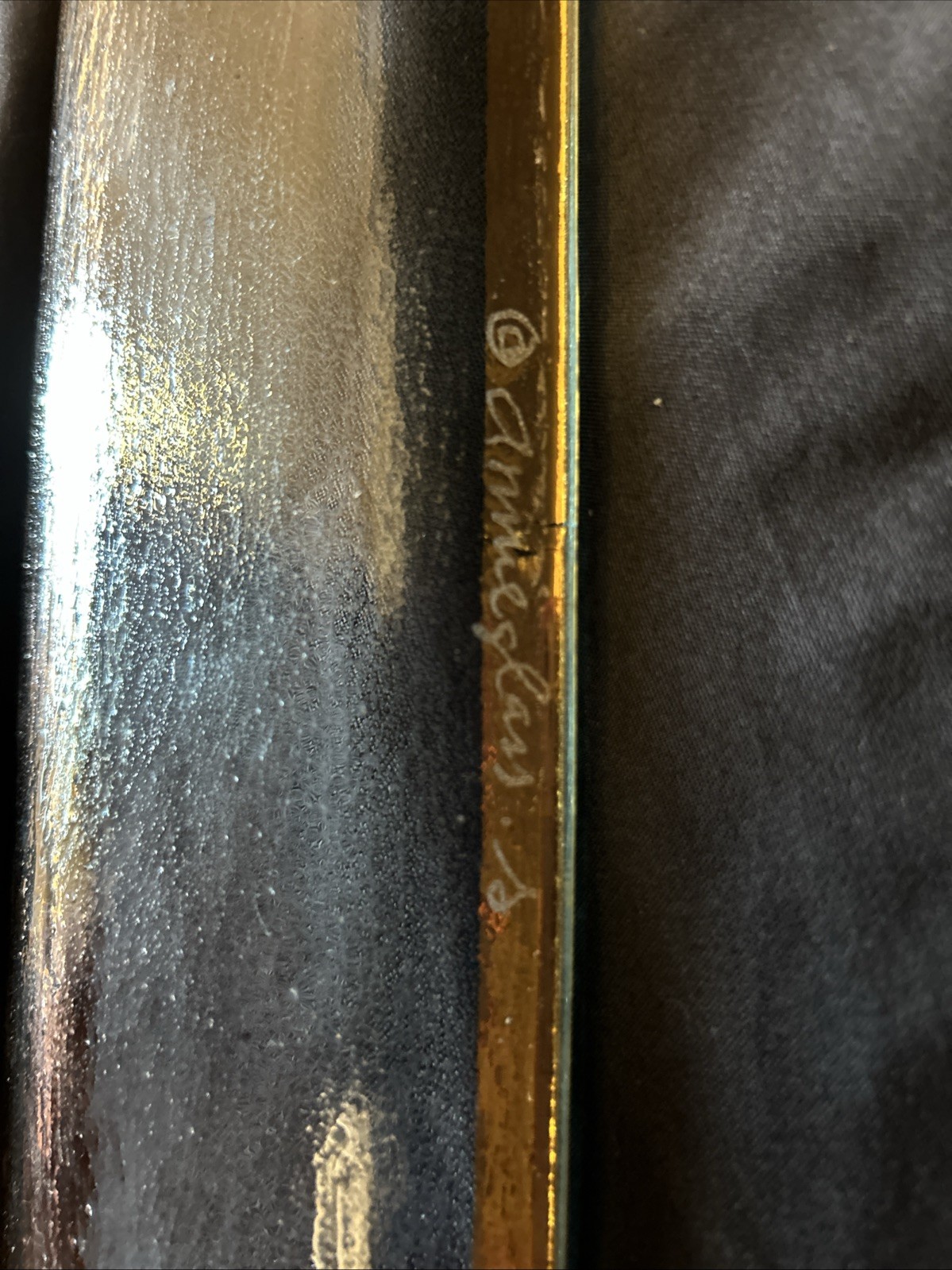 vintage SIGNED  ANNIE GLASS 16.5"x 3.5" ROMAN ANTIQUE GOLD RIM SERVING PLATTER