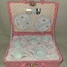 Vtg Delton Miniature Porcelain Tea Set w/ With Pink Basket Ballerina Girl